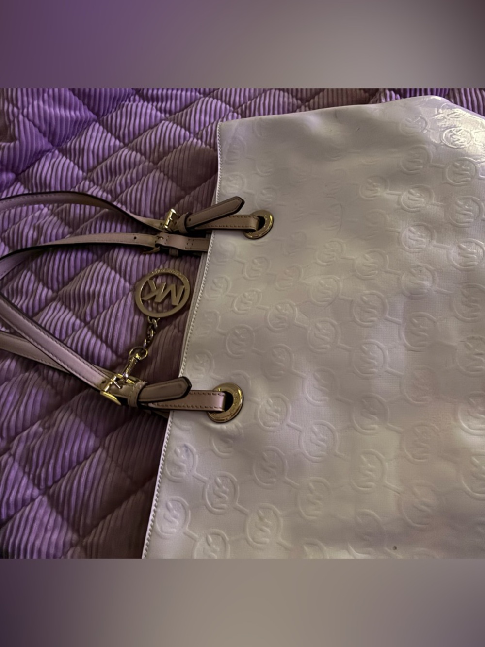 Michael Kors White Embossed Logo Tote with Gold Accents